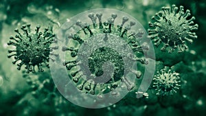 Green organic coronaviruses enlarged detailed microscopic view as 3D illustration.