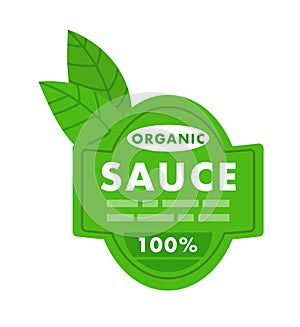 Green organic sauce label with leaf emblem. 100 natural product sticker. Eco-friendly food packaging badge vector