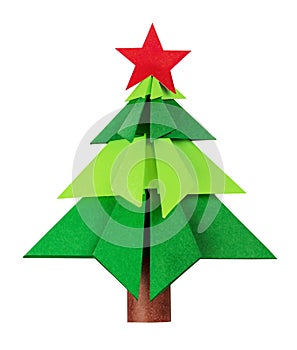 Green origami christmas tree isolated on white