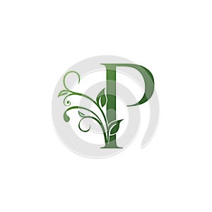 Green Ornate Floral Letter P logo Icon, Luxury alphabet font initial vector design photo