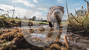 Young Otter In A Muddy Field: A Captivating And Interactive Experience