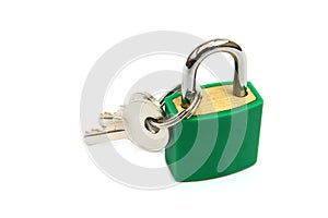 Green padlock, locked, with two keys on white background