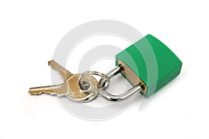 Green padlock, locked, with two keys on white background