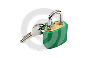 Green padlock, locked, with two keys on white background