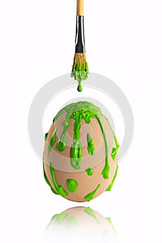 Green paint dripping from brush on the egg