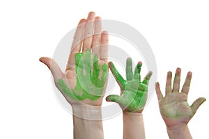 Green paint mother, son, daughter hand