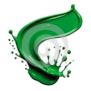 A green paint splatter on a white background.