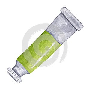 Paint tube green watercolor oil acrylic tempera gouache. Packaging art colors liquid pigments. Artist palette photo