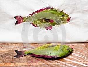 Green painted fish on table and its print