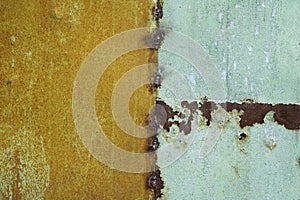 Green painted metal rusted background. Metal rust texture. Erosion metal. Scratched and dirty texture on outdoor rusted