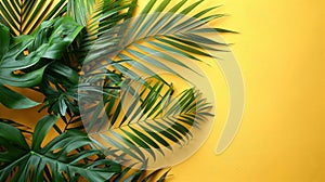 Green Palm Branches Flat Lay on Yellow Background - Top View Wide Composition with Copy Space - Perfect for Summer Vacation,