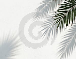 Green palm leaf casts shadow on white textured wall. Sunlight creates tropical pattern overlay. Minimal background for summer
