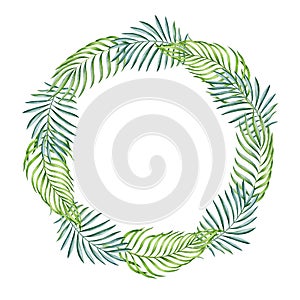 Green palm leaf wreath watercolor illustration. Lush natural tropical decoration. Exotic palm leaf frame. Jungle foliage wreath.