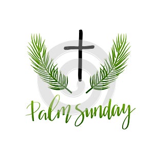 Green Palm leafs  icon. Palm Sunday text handwritten font