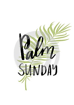 Green Palm leafs  icon. Palm Sunday text handwritten font