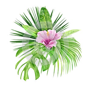 Green palm leaves and flowers bouquet. Tropical plant. Hand painted watercolor illustration isolated on white background