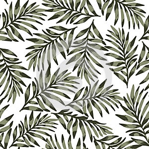 Green palm leaves on white background . Tropical seamless pattern