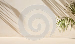 Green palm plant in an empty room. Shadow of palm leaves on a white concrete light beige wall. Generative AI