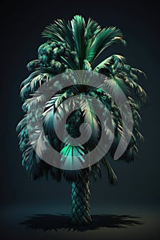Green palm tree with green leaves on a dark background