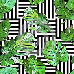 Green palm tree leaves on black and white geometric background. Vector summer seamless pattern.