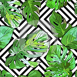 Green palm tree leaves on black and white geometric background. Vector summer seamless pattern.