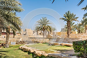 Green palm trees growing in the park in the Ruins of Diraiyah, also as Dereyeh and Dariyya, a old town in Riyadh, Saudi Arabia photo