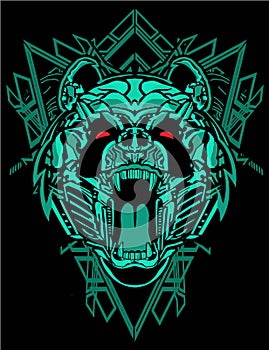 Green panda robot with cyberpunk theme with sacred geometry background for poster and tshirt design