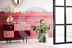 Green pant in concrete pot next to commode with flowers in vase, books and clock