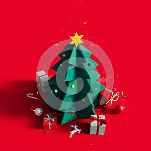 Green paper Christmas tree with presents and decoration on red background