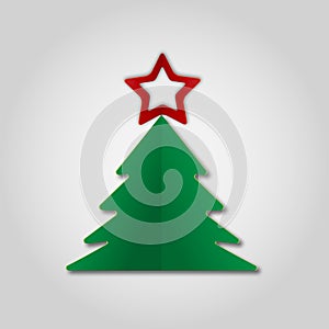 Green paper Christmas tree witn red star on gray background. Design elements for holiday cards. Vector Illustration