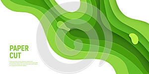 Green paper cut banner with 3D slime abstract background and green waves layers. Abstract layout design for brochure and