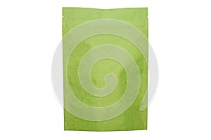 Green paper doypack food bag with zipper on white background