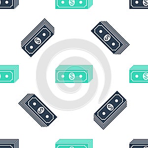 Green Paper money american dollars cash icon isolated seamless pattern on white background. Money banknotes stack with