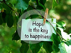 A green paper note with words Hope is the Key to Happiness hanging on a tree branch