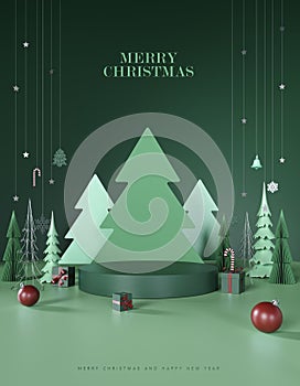 Green paper pine trees with empty stage for product presentation. Christmas mockup green background with empty podium