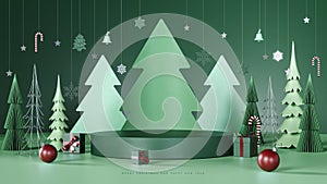 Green paper pine trees with empty stage for product presentation. Christmas mockup green background with empty podium.