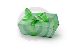 Green paper present box with ribbon bow isolated on white background