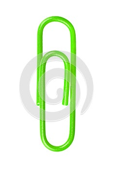 Green paperclip isolated on white background