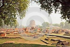 Green park with ruined temple walls and sacred Dhamekh Stupa in Sarnath. India