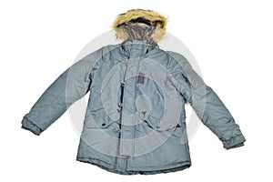 Green parka with a fur lined hood