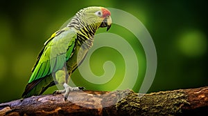 Green Parrot Perched On Wood Branch Photographic Style