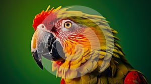 Green parrot with red beak on orange background