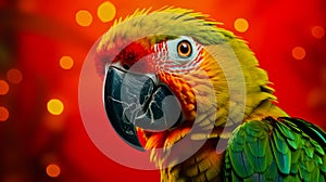 Green parrot with red beak on orange background