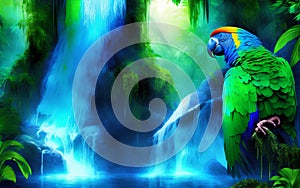 A green parrot sitting next waterfall in the rainforest.Generative Al Illustration