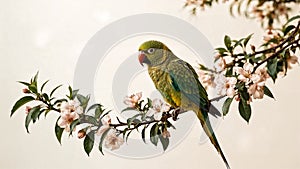 Green Parrot on Tree Branch