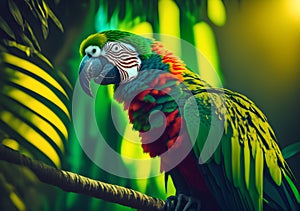 Green parrot on a tree in the rainforest. Generative Al Illustration