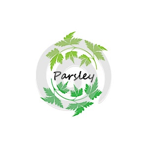 Green parsley twig, shoot, sprig. Icon Isolated on white. Logo for eco company, agriculture, nature firm, ecology, healthy organic