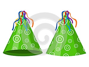 Green Party hat cone isolated on white background. Accessory, symbol of the holiday. Birthday cap.