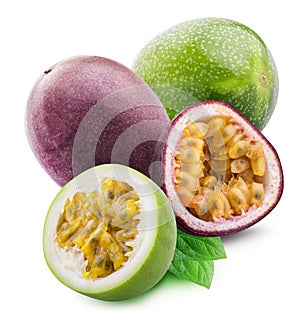 Green passion fruit isolated on white background with shadow. Clipping path