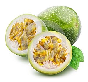 Green passion fruit isolated on white background with shadow. Clipping path